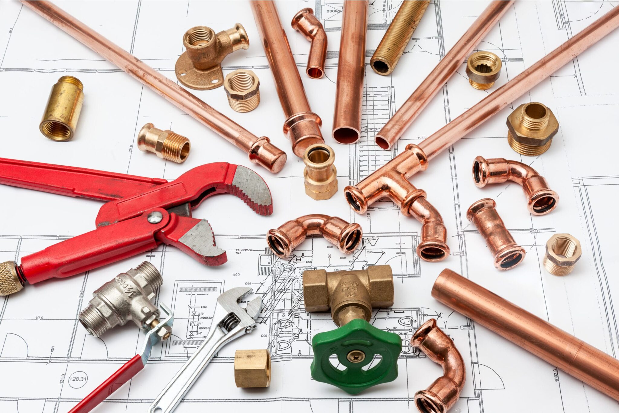 Copper pipes, fittings, valves, and plumbing tools in Merritt Island