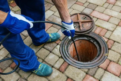 Plumber cleaning an outdoor sewer drain in Merritt Island