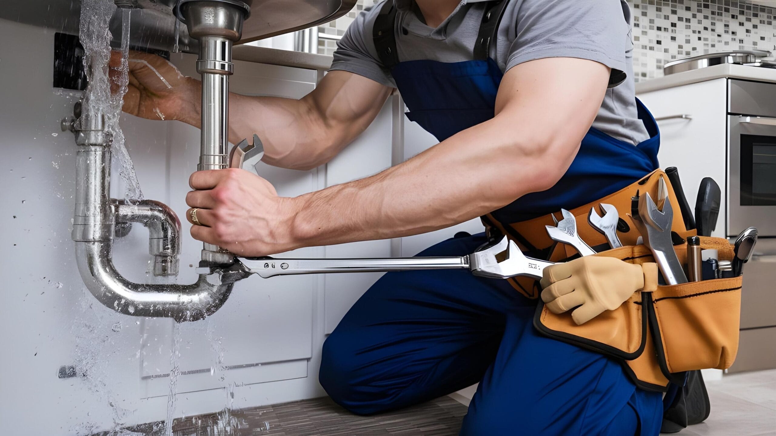 Plumber tightening a residential plumbing pipe in Merritt Island