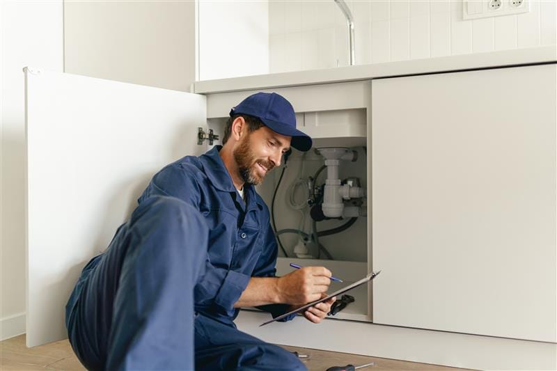 Residential plumber reviewing plumbing repairs in a Merritt Island kitchen