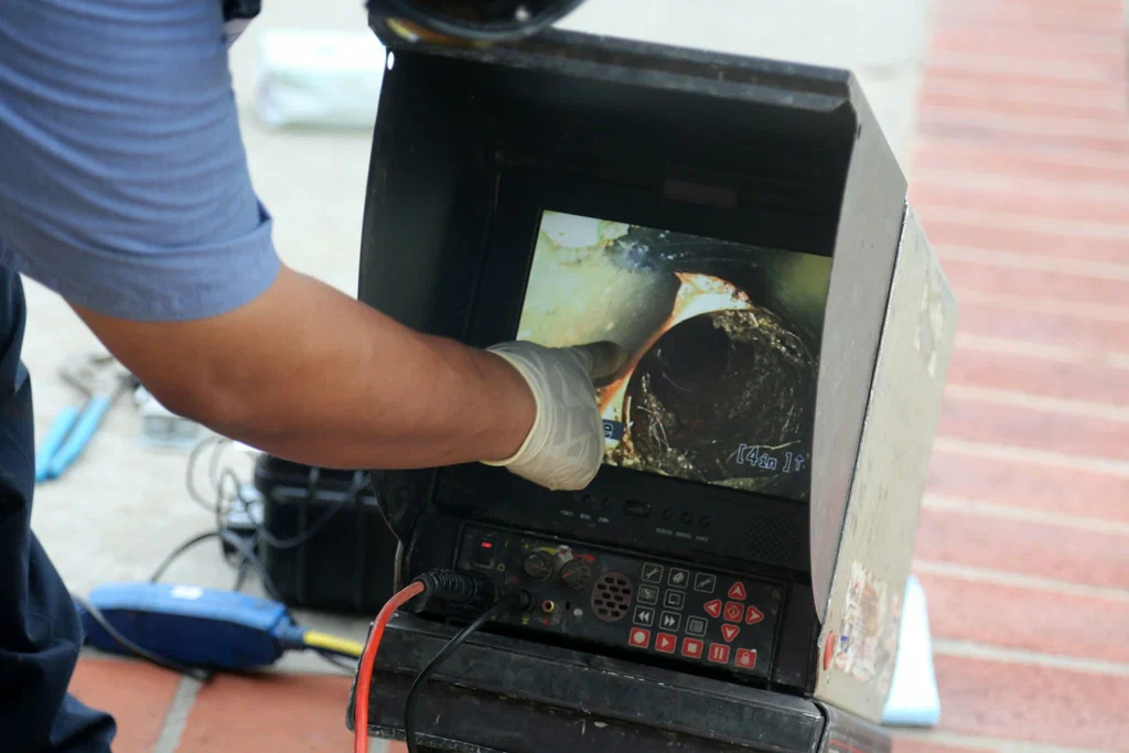Technician viewing a drain inspection camera in Merritt Island