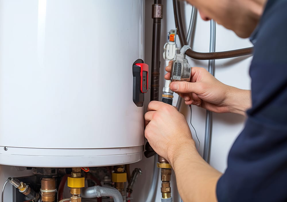 Technician repairing pipes connected to a water heater in Merritt Island